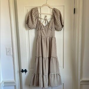 Gingham Puff Sleeve Low Back Dress